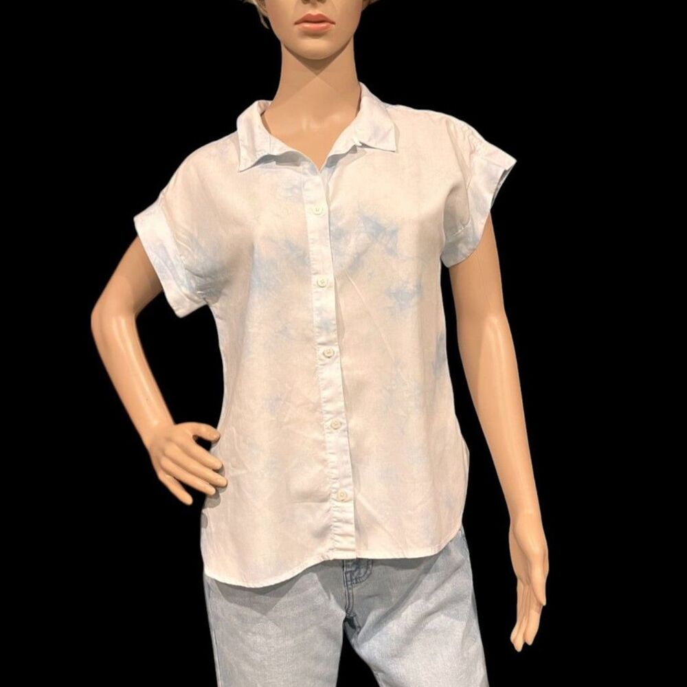THREAD & SUPPLY White & Blue Tie Dye Short Sleeved Hi Low Blouse Sz S